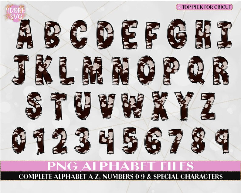 Western Cowhide Doodle Alphabet Letters PNG, Cow Print Doodle font, cow print doodle letters, Hand Drawn Doodle, Cow Print Alpha Set PNG