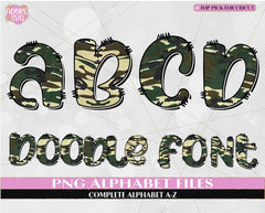Camo Doodle Alphabet Letters PNG, Military Camouflage doodle font, Army doodle Letters, Hand Drawn Doodle font, Sublimation doodle font